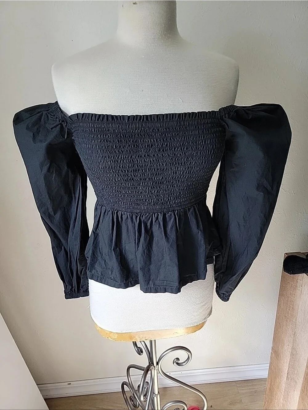 J Crew Off-Shoulder Black Smocked Peplum Top Renaissace Boho